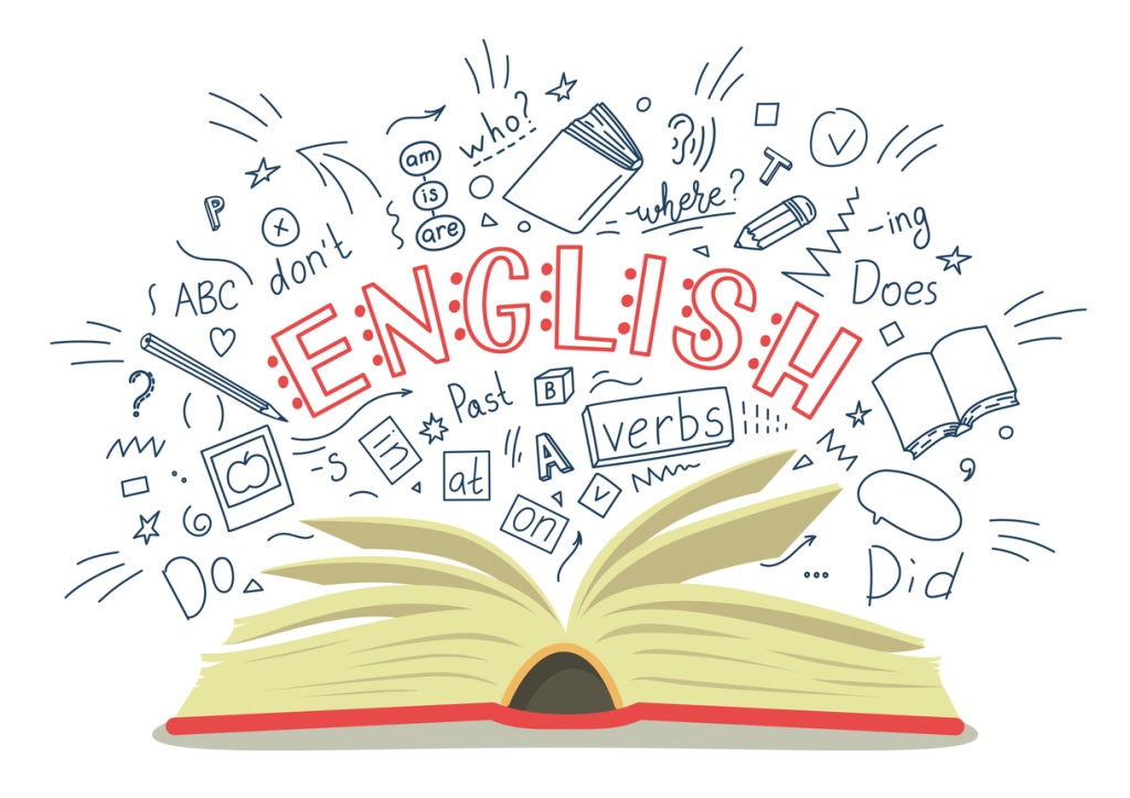 English. Open book with language hand drawn doodles and lettering on white background. Education vector illustration.