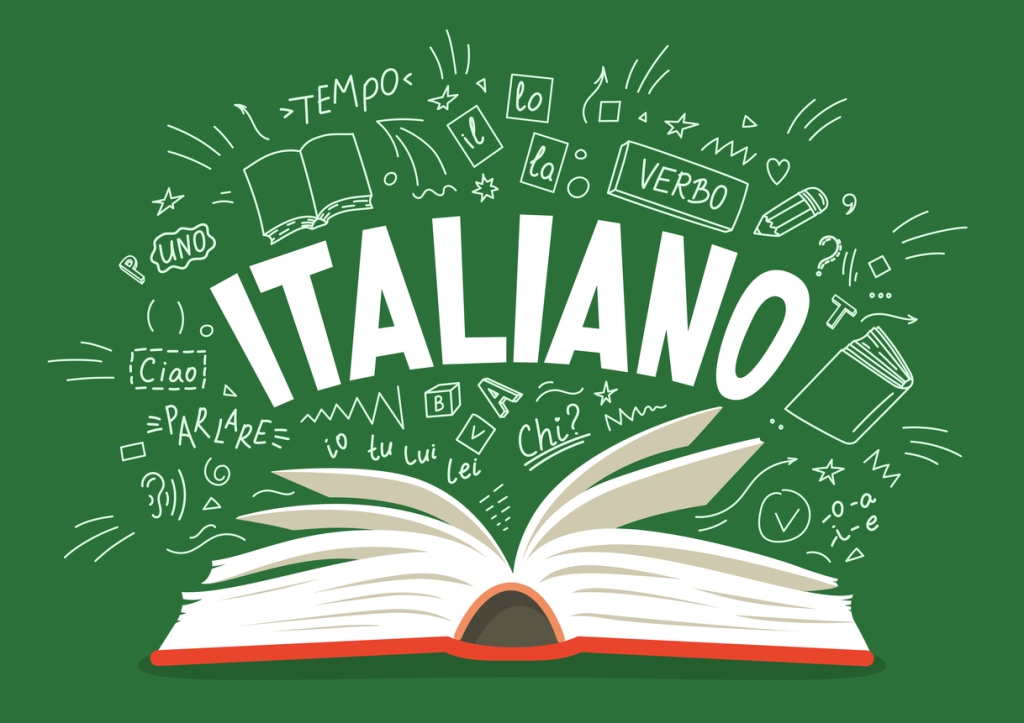 Italiano. Il, lo, la, ciao, verbo, uno, chi?, io, tu, lui, lei, parlare, tempo. Translate:"Italian. The, hello, verb, one, who?, me, you, him, she, talking, time". Open book with doodles and lettering